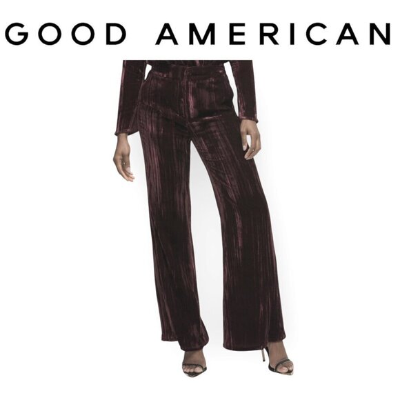 Good American Burgundy Crinkle Velvet Wide Leg Trousers size XS (Tall Friendly) - Picture 1 of 11